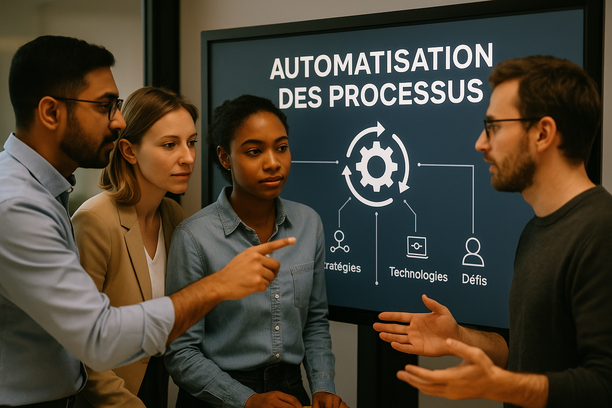 L’Automatisation Des Processus : Stratégies, Technologies Et Défis alt_text: Une équipe diversifiée collabore autour d'un écran tactile moderne sur l'automatisation des processus.