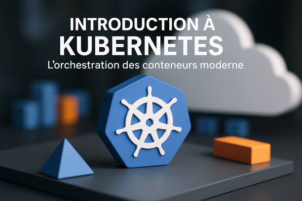 Kubernetes : L’Orchestration Des Conteneurs Moderne alt_text: Couverture captivante sur Kubernetes avec logo 3D, formes géométriques et infrastructure cloud.
