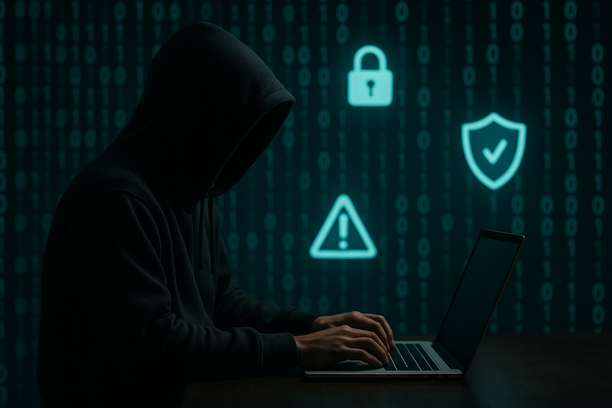 Hacking Éthique : Comprendre Son Importance Et Ses Techniques alt_text: Une silhouette devant un ordinateur, entourée de codes binaires et de symboles de sécurité.